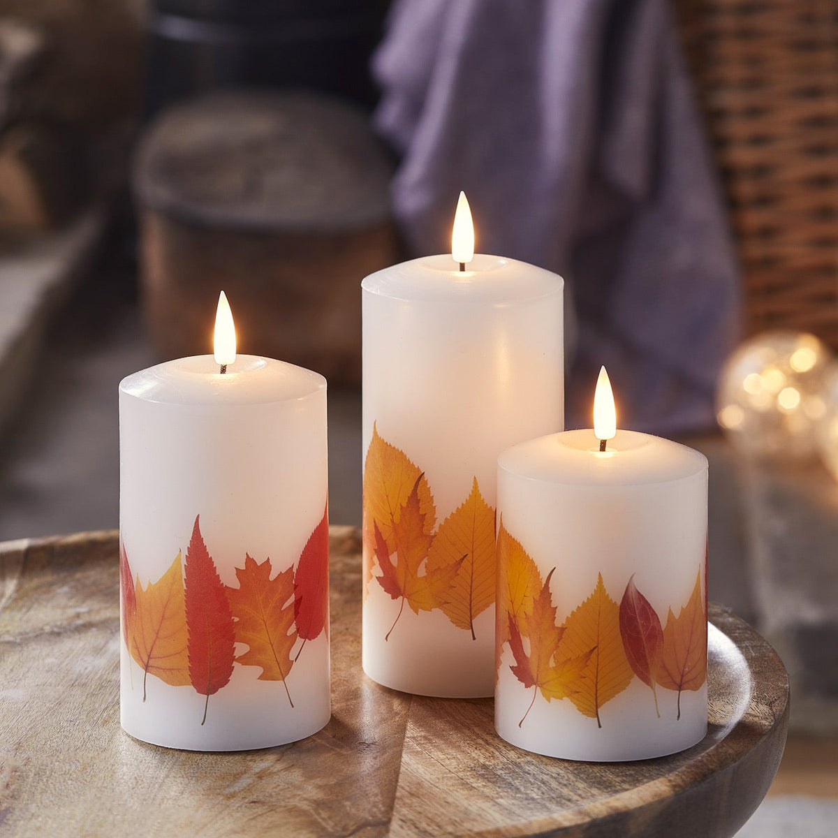 3er Set LED Kerzen mit Herbstblättern