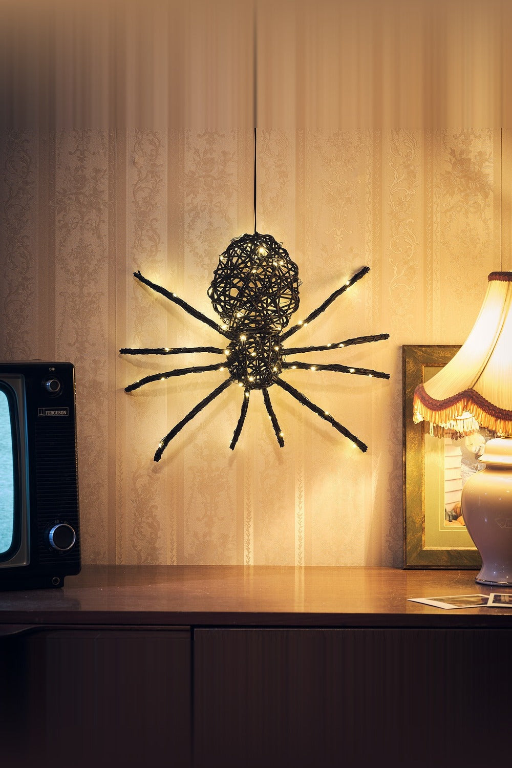 34cm LED-Spinne aus Rattan