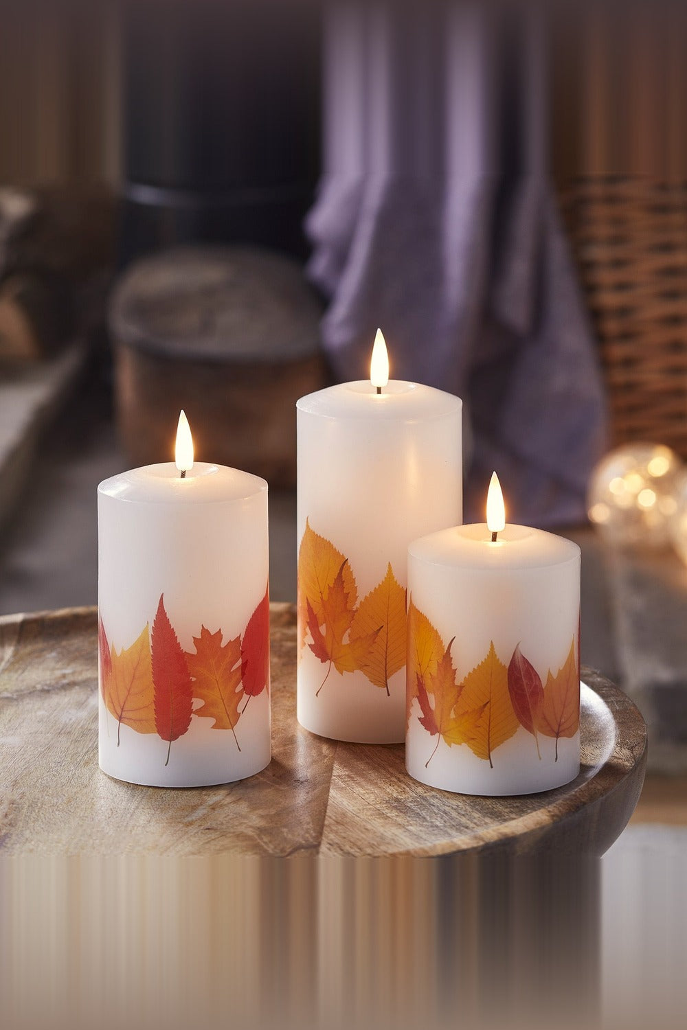 3er Set LED Kerzen mit Herbstblättern